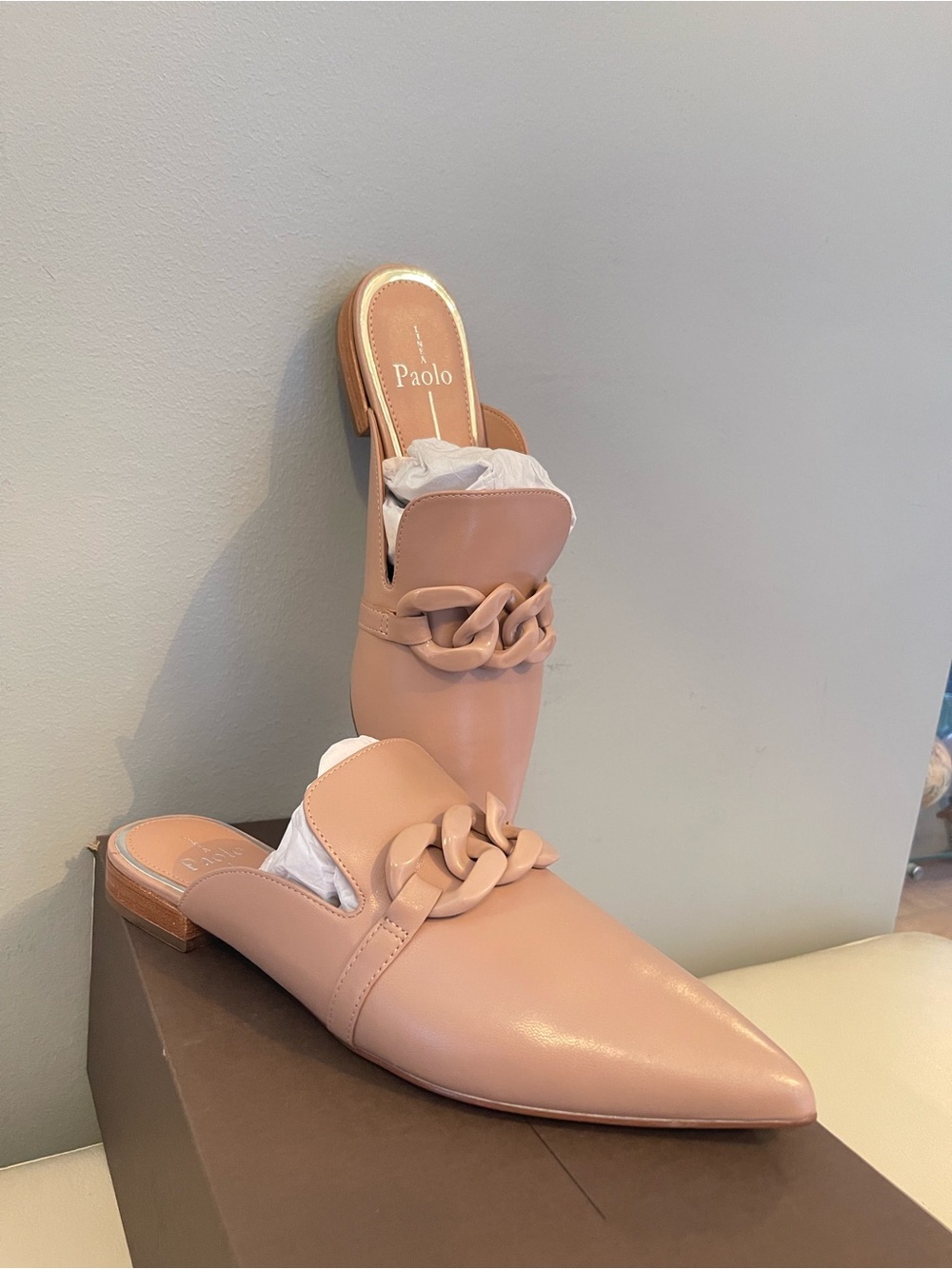 New Paolo leather mules in nude with chain size 8.5 & 5.5